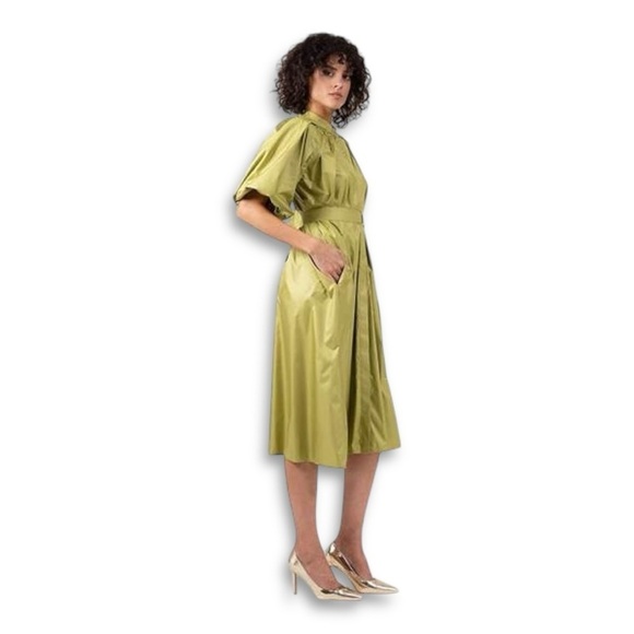 Wolf & Badger Bluzat Olive Green Crepe Midi Dress w/ Raglan Puff Sleeves NWT - Picture 14 of 15
